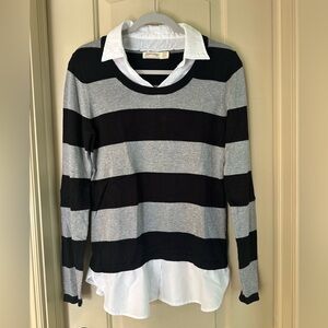 Women’s Faded Glory Top; Faux Shirt Under Sweater; Black/Gray/White; Size M